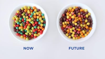 Above, a bowl of Trix cereal made with artificial colours, left, and a bowl with natural colours, right. General Mills could not find good alternatives for the blue and green pieces in Trix, so it is getting rid of those colours when the cereal is reformulated later this year. General Mills via AP