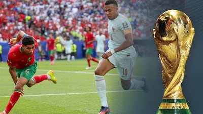 Morocco's defender #02 Achraf Hakimi and France's forward #10 Kylian Mbappe fight for the ball during the 2026 World Cup football tournament quarter-final match between France and Morocco at Boston Stadium in Foxborough on July 9, 2026. (Photo by Odd ANDERSEN / AFP)