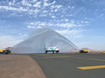 Flynas's inaugural flight from Riyadh touches down at Al Ula International Airport. Courtesy Flynas