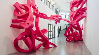 eL seed’s ‘Declaration’ exhibition in 2014. Courtesy Tashkeel