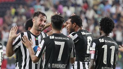 Mirko Vucinic, left, and Al Jazira celebrate scoring against Fujairah during their Arabian Gulf League match at Mohammed bin Zayed Stadium in Abu Dhabi on September 20, 2014. Jeffrey E Biteng / The National