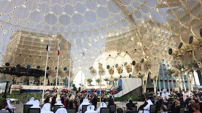 The Italian carabinieri band performs in the massive Al Wasl Plaza dome at Expo 2020 Dubai. AFP