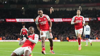 Eberechi Eze celebrates after scoring Arsenal's second goal at the Emirates Stadium. AP