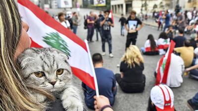 A woman carries a cat and a Lebanese flag during a demonstration in the centre of Beirut on October 26, 2019. AFP