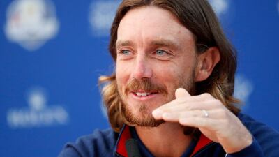 Tommy Fleetwood of England speaks during a press conference of the Ryder Cup 2018 at The Golf National in Guyancourt, near Paris, France. Ian Langsdon / EPA