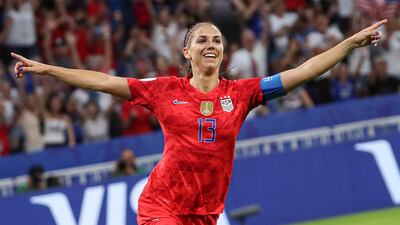 Alex Morgan celebrates after scoring the USA's second goal in their 2019 Fifa Women's World Cup semi-final against England. EPA