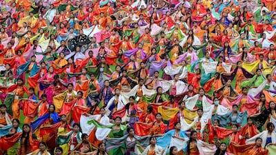Performers in India rehearse the Bagurumba dance before the Bwisagu festival, which marks the Bodo New Year. AFP