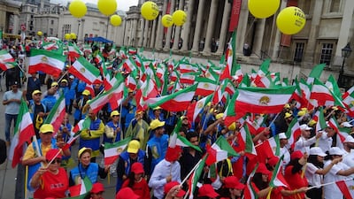 Protestors gather at rally in London to urge UK to proscribe various Iranian groups as terror organisations.