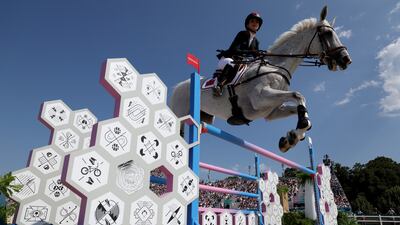 Noor Slaoui and Cash in Hand of Team Morocco compete during the Eventing Jumping Qualifier. Getty Images