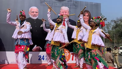 Participants perform Dandiya, a traditional dance, to welcome U.S. President Donald Trump and first lady Melania Trump in Ahmedabad. REUTERS