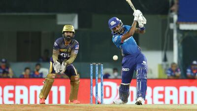 Hardik Pandya of Mumbai Indians plays a shot against the Kolkata Knight Riders