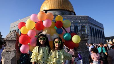 Worshippers gather at the Al-Aqsa mosque in Jerusalem's Old City during Eid Al Adha morning prayers. AFP