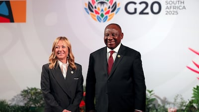 Mr Ramaphosa welcomes Italian Prime Minister Giorgia Meloni. EPA
