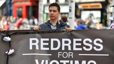 Protestors holding a banner demonstrate against abuse in the Catholic church on August 25, 2018 during the visit of Pope Francis to Ireland to attend the 2018 World Meeting of Families. AFP