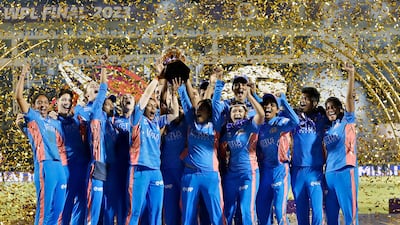 Mumbai Indians players after winning the Women's Premier League final against Delhi Capitals at the Brabourne Stadium on March 26, 2023. Getty