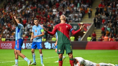 BRAGA, PORTUGAL - SEPTEMBER 27: Cristiano Ronaldo of Portugal reacts during the UEFA Nations League League A Group 2 match between Portugal and Spain at Estadio Municipal de Braga on September 27, 2022 in Braga, Portugal. (Photo by Octavio Passos / Getty Images)