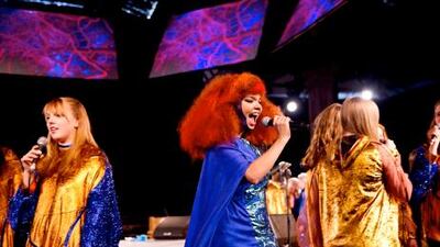 Björk, centre, on stage in Manchester, where she gave the first full performance of her nature-concept album Biophilia.