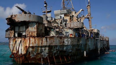 A dilapidated Philippine Navy ship with Philippine troops on board is anchored off Second Thomas Shoal, known locally as Ayungin Shoal, on March 30, 2014, in the South China Sea. AP