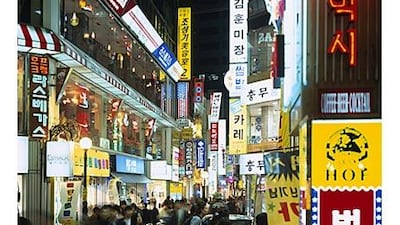 At night the area around Myeongdong Street buzzes with activity.