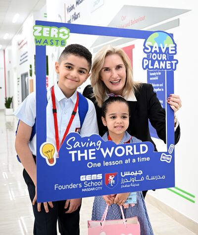Albie Huyser, head teacher at Gems Founders School Masdar City in Abu Dhabi, with new pupils. Photo: Gems Founders School Masdar City