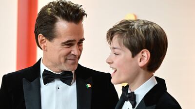 Irish actor Colin Farrell and his son Henry Tadeusz Farrell attend the 95th Annual Academy Awards at the Dolby Theatre in Hollywood, California on March 12. AFP