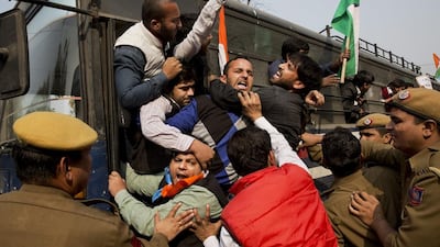 National Students Union of India members are detained by police during a protest in support of student leader Kanhaiya Kumar, in New Delhi, India. Kumar, the president of the students' union at the country's premier Jawaharlal Nehru University, has been in prison since Friday on charges of sedition. Bernat Armangue / AP