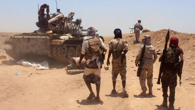 Fighters from of the Southern Transitional Council (STC) fire towards the positions of Saudi-backed government forces during clashes in the Sheikh Salim area in the southern Abyan province. AFP