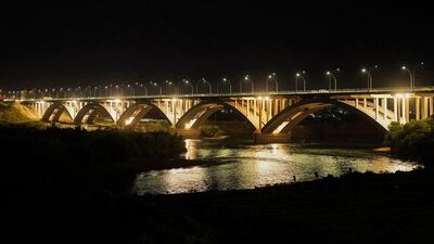 A view of Third Bridge across the Tigris in Mosul illuminated at night. AFP