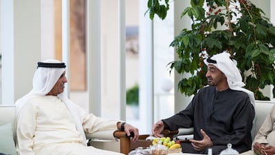 President Sheikh Mohamed with Sheikh Saud bin Saqr Al Qasimi, Ruler of Ras Al Khaimah. Abdulla Al Bedwawi / UAE Presidential Court