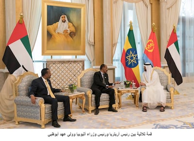 Sheikh Mohamed bin Zayed Al Nahyan Crown Prince of Abu Dhabi, Deputy Supreme Commander of the UAE Armed Force, meets Abiy Ahmed, Prime Minister of Ethiopia (L) and Isaias Afwerki, President of Eritreaat the Presidential Palace. Crown Prince Court - Abu Dhabi