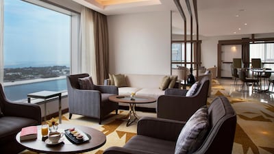The Club Lounge is comfortable and offers views of the Arabian Gulf. Courtesy Pearl Rotana Capital Centre
