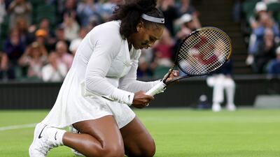 LONDON, ENGLAND - JUNE 28: Serena Williams of United States celebrates a point against Harmony Tan of France during their Women's Singles First Round Match on day two of The Championships Wimbledon 2022 at All England Lawn Tennis and Croquet Club on June 28, 2022 in London, England. (Photo by Clive Brunskill / Getty Images)