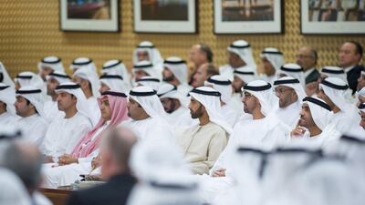 Sheikh Nahyan bin Zayed, Chairman of the Board of Trustees of Zayed bin Sultan Al Nahyan Charitable and Humanitarian Foundation, right, Sheikh Mohammed bin Zayed, Crown Prince of Abu Dhabi and Deputy Supreme Commander of the Armed Forces, second right, Sheikh Mohammed bin Saud bin Saqr Al Qasimi, Crown Prince and Deputy Ruler of Ras Al Khaimah, third right, Sheikh Mohammed bin Hamad Al Sharqi, Crown Prince of Fujairah, fourth left, and Sheikh Hazza bin Zayed, National Security Advisor and Vice Chairman of the Abu Dhabi Executive Council, second left, at the panel discussion on eradicating polio. Mohamed Al Suwaidi / Crown Prince Court - Abu Dhabi