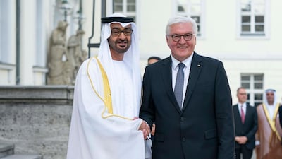 Sheikh Mohamed bin Zayed with Frank-Walter Steinmeier, President of Germany, at the Bellevue Palace. Ministry of Presidential Affairs
