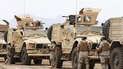 Military reinforcements from the Arab coalition entering Taez, Yemen on November 1, 2015 to help boost the forces of Yemen's popular resistance as they continue to flush Houthi rebels out of the province. Wam