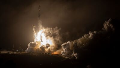 The SpaceX Falcon 9 rocket launches with the Double Asteroid Redirection Test, or DART, spacecraft onboard, from Space Launch Complex 4E at Vandenberg Space Force Base in California. A NASA mission to deliberately smash a spacecraft into an asteroid - a test run should humanity ever need to stop a giant space rock from wiping out life on Earth. AFP