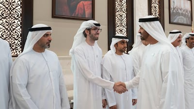 Sheikh Mohamed bin Zayed receives Special Olympics sponsors during an iftar reception at Al Bateen Palace. Eissa Al Hammadi for the Ministry of Presidential Affairs