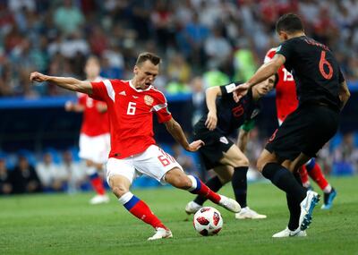Russia's Denis Cheryshev scores against Croatia. AP Photo