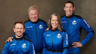 From left, Chris Boshuizen, William Shatner, Audrey Powers and Glen de Vries will make their journey into space on Wednesday. Blue Origin via AP