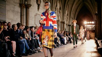 Models walking the runway during the Gucci Cruise fashion show at the Cloisters of Westminster Abbey (Courtesy: Gucci)