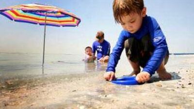A child plays on the beach along the Abu Dhabi coast: The Masdar Institute is hoping the region's next big renewable fuel source will be grown with an unconventional input: seawater.