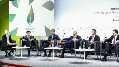The alliance was announced during a panel at COP21, including Saeed Al Tayer, vice chairman of Dubai Supreme Council of Energy and chief executive of DEWA, Dr Ahmad Belhoul, chief executive of Masdar, and Paddy Padmanathan, chief executive and president of ACWA Power International, as well as officials from Veolia, Engie, National Renewable Energy Laboratory (NREL) and Syndicat des Energies Renouvelables. Courtesy Adco
