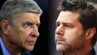 Arsene Wenger, left, and his Arsenal side host fierce rivals Tottenham Hotspur and their manager Mauricio Pochettino, right, on Saturday. Laurence Griffiths / Getty Images