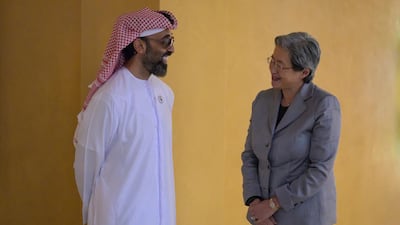 Sheikh Tahnoon with Lisa Su, chief executive of Advanced Micro Devices. They discussed AI development and training.