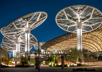 Terra - the sustainability pavilion - at night. Photo: Expo 2020 Dubai