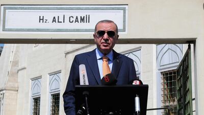Turkey's President Recep Tayyip Erdogan talks to the media following Friday prayers at a mosque in Istanbul, Friday, Sept. 18, 2020. AP
