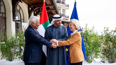 President Sheikh Mohamed with European Commission President Ursula von der Leyen and Antonio Costa, President of the European Council, before a meeting at the G7 summit at the Hotel Royal in Paris. UAE Presidential Court