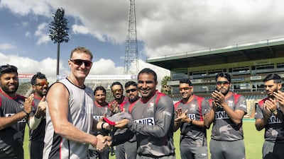 Sultan Ahmed receives his ODI cap from UAE head coach Dougie Brown before the series opener against Zimbabwe at Harare Sports Club on April 10, 2019. Courtesy Zimbabwe Cricket