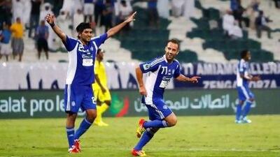 Giuseppe Mascara, right, celebrates after scoring his second and Al Nasr's third goal in Kalba's home game at Al Shabab, Dubai.