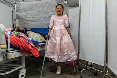 Maha, a 10-year-old Palestinian girl, had her foot amputated after being exposed to shelling in a tent in Gaza. She received medical treatment in Egypt at the UAE floating hospital in Arish, Egypt. Getty Images